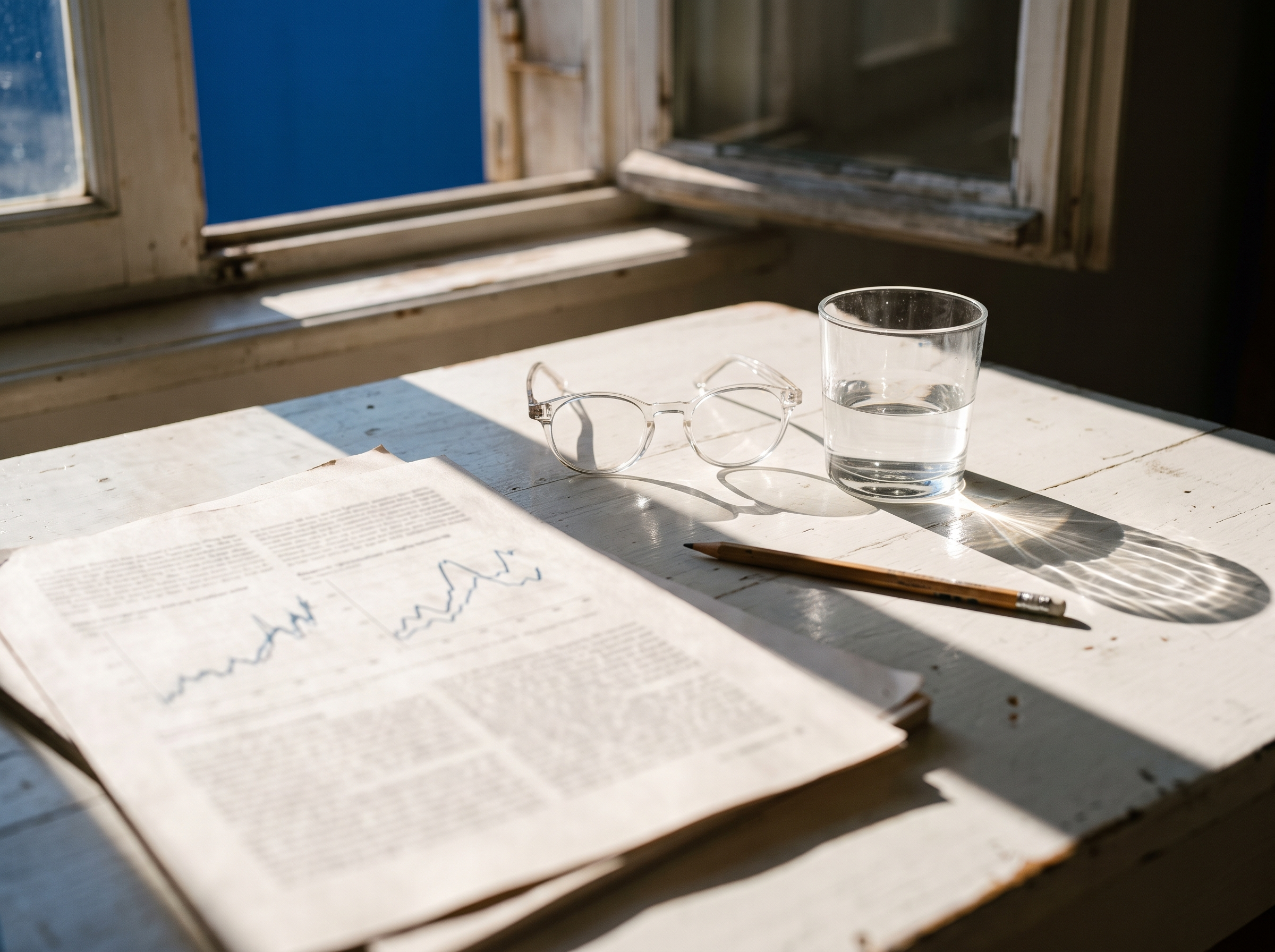 Printed report pages with soft charts on a sunlit table
