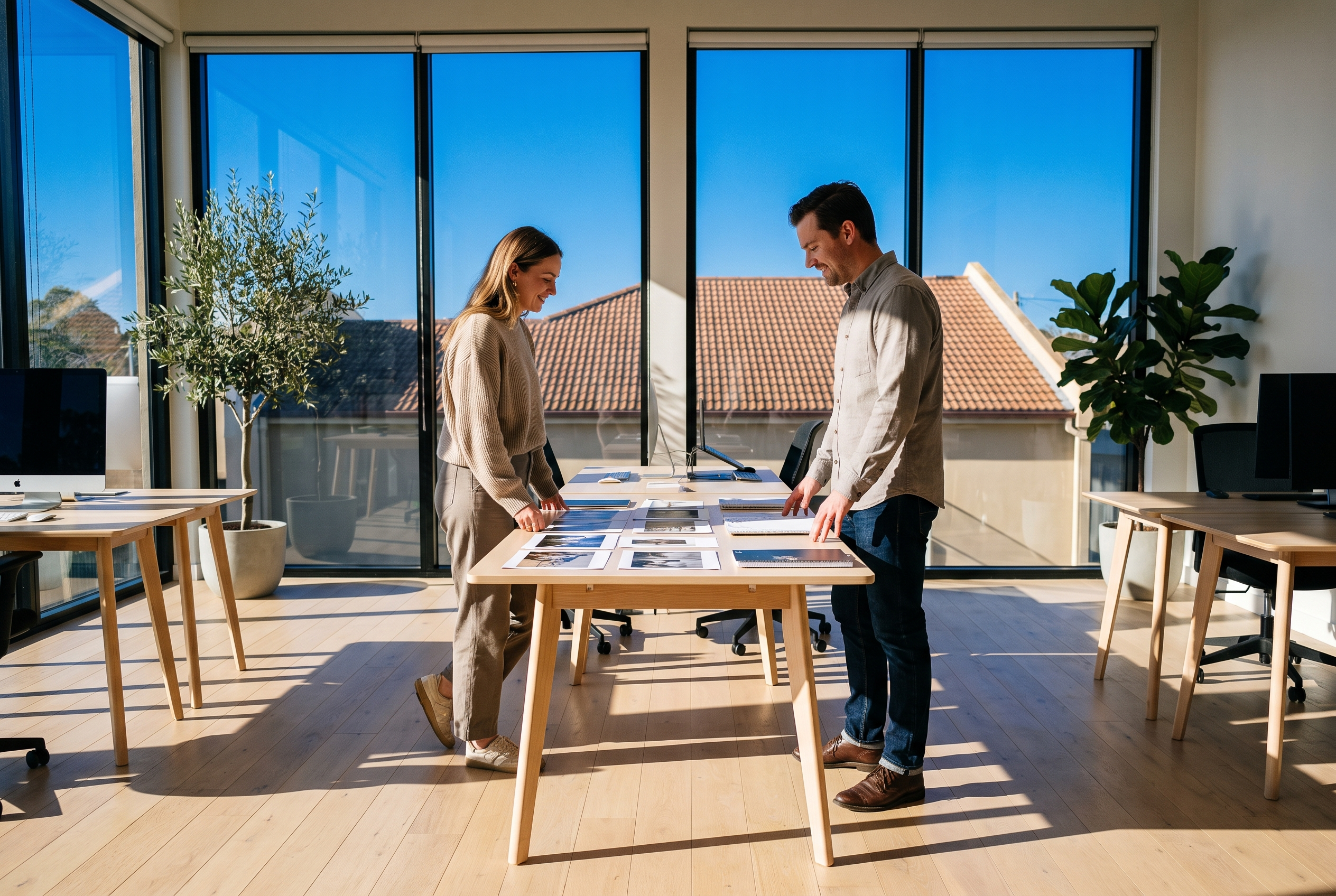 Two colleagues in a bright studio office in conversation