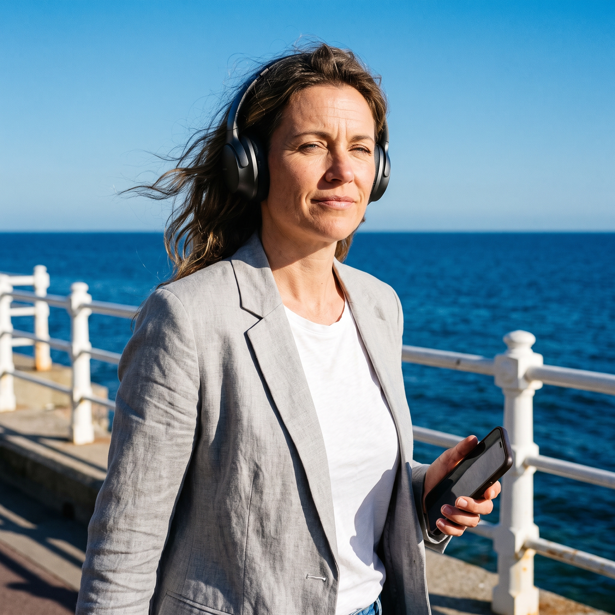 A woman walking along a sunny seaside promenade