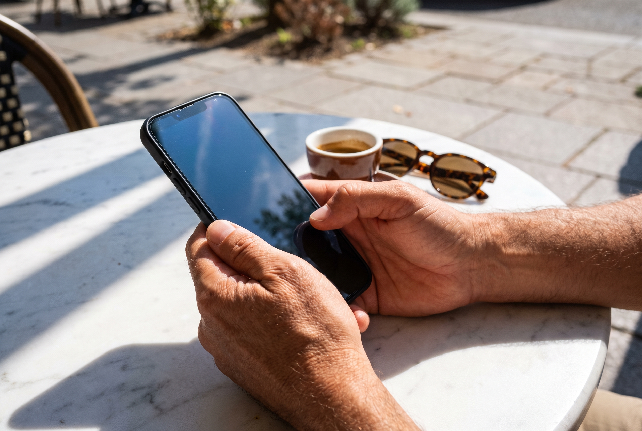 Hands holding a phone at a sunlit table